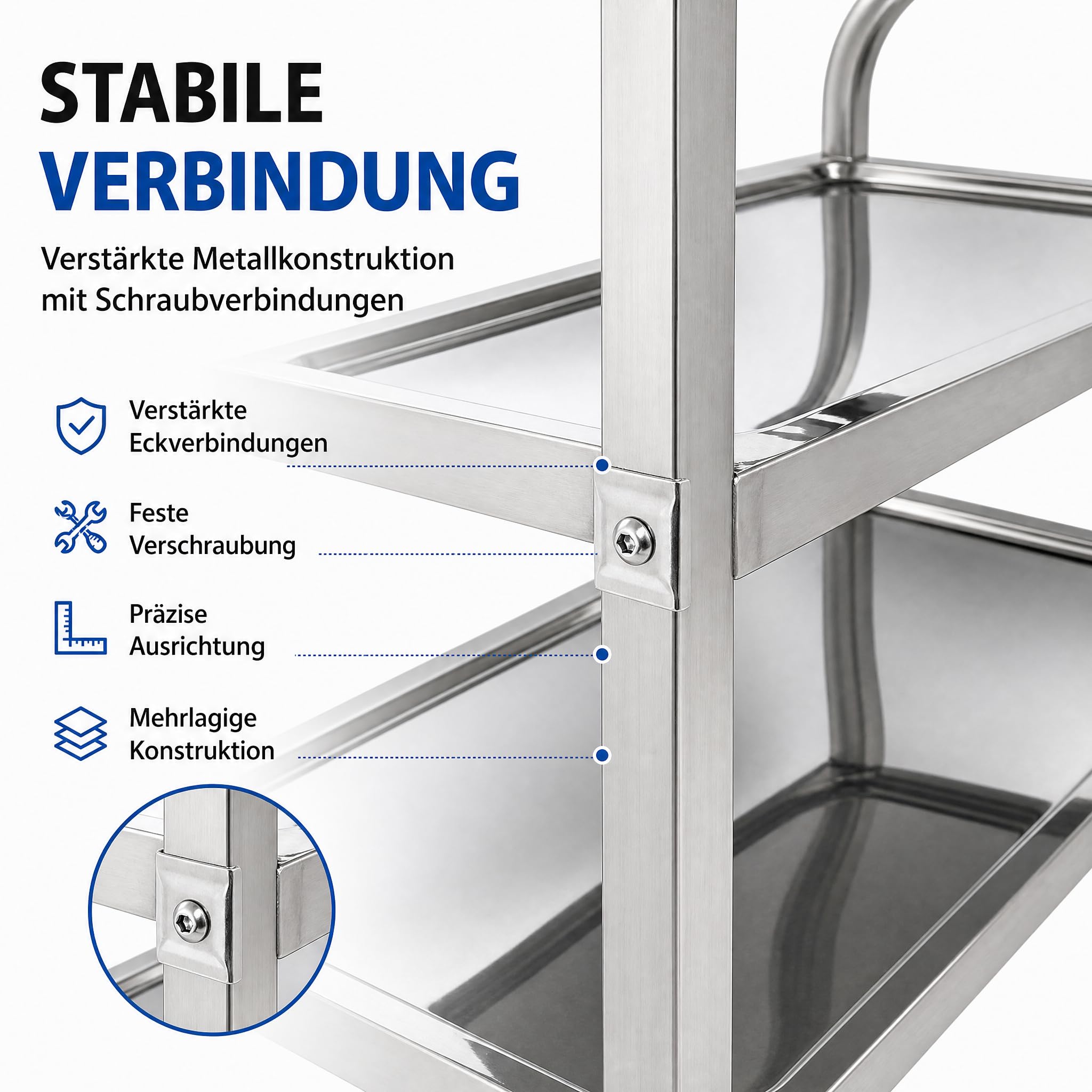 3-stufiger Edelstahl-Servierwagen mit Rollen & Bremsen (72 x 40 x 82 cm) – Robuster Transportwagen für Gastro, Labor, Salon, Küche