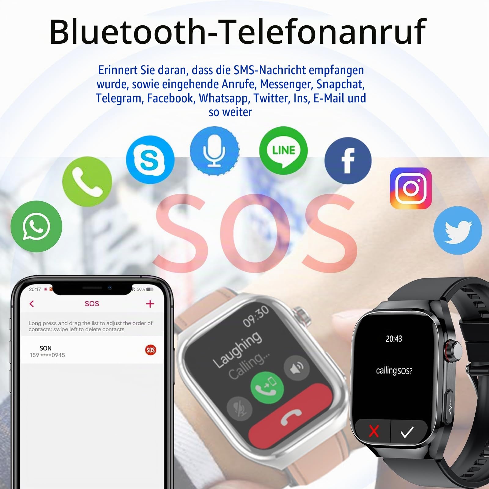 EKG Smartwatch mit Telefonfunktion Blutdruck SpO2 Herzfrequenz | Wasserdichte Fitnessuhr mit SOS, Sportuhr mit BMI Pulsmesser Schlafmonitor Schrittzähler für Android iOS