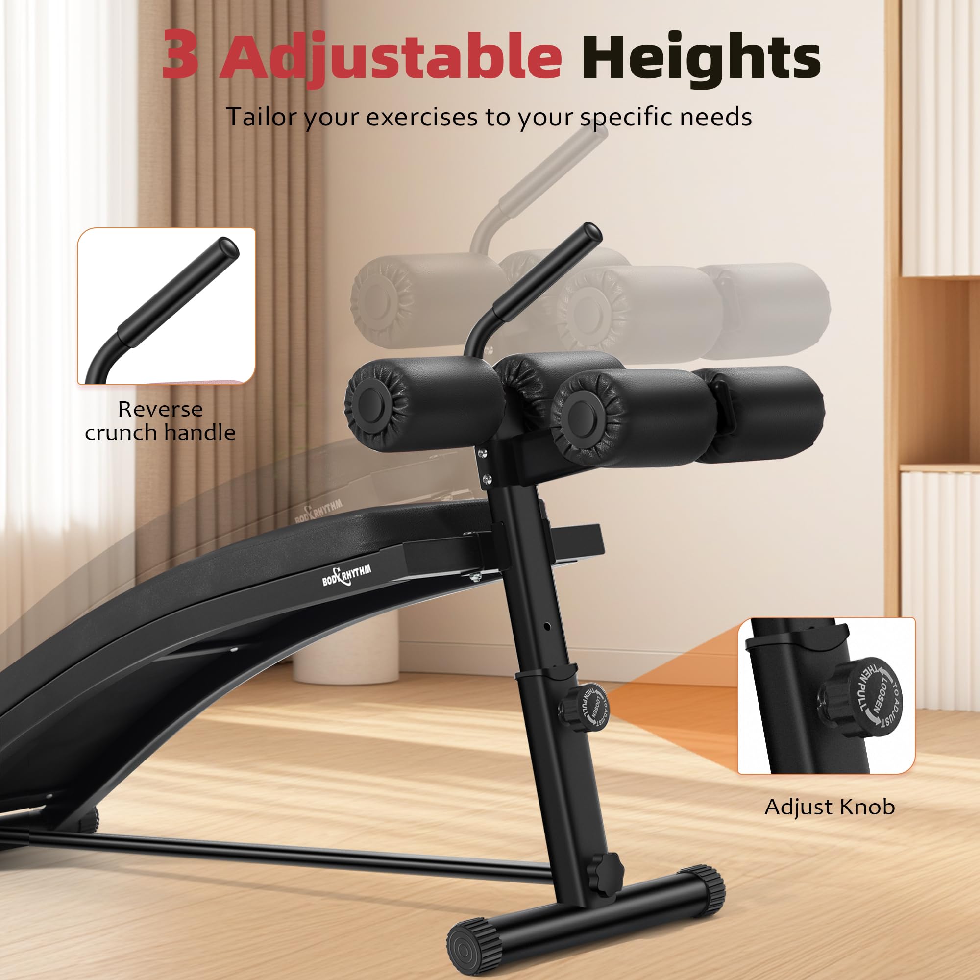Sit Up Bench with 4 Adjustable Heights and Reverse Crunch Handle, Curved Ab Workout Bench for Home Gym, Adjustable Weight Bench for Core Workouts and Decline Bench Press, Suitable for Individuals Up to 5.9ft Tall.
