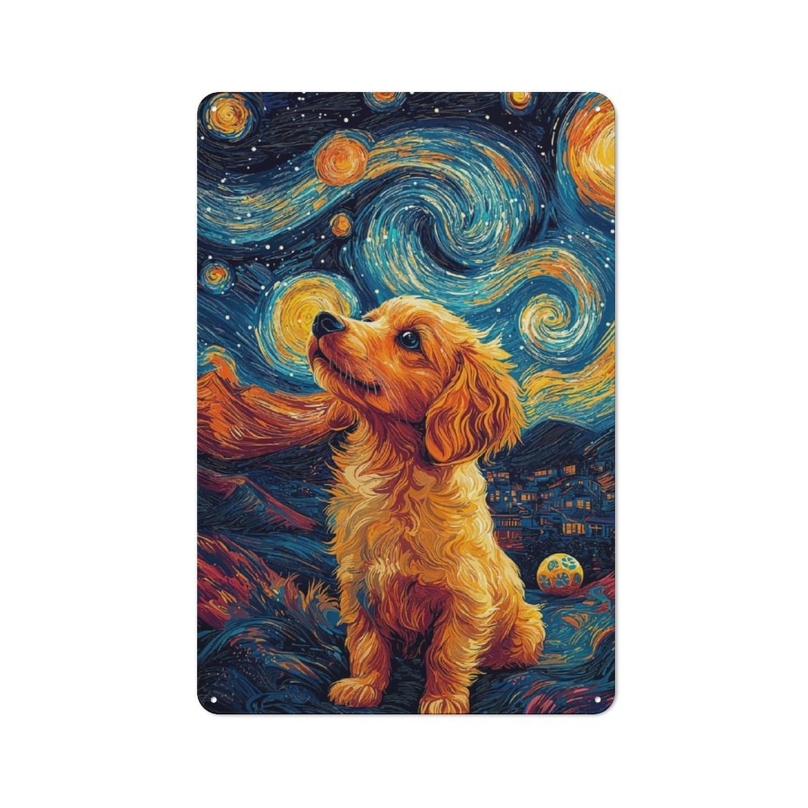 Junmoney Doggy Starry Night Rustic Vintage Metal Sign 30X20cm Featuring Home Bar Decor For Cafe, Pub, Workshop Or Home Bar