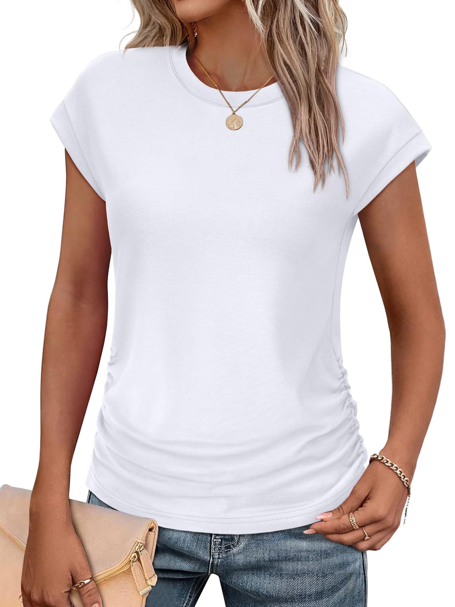 ONAYEYO Tshirt Damen Kurzarm Rundhals T-Shirt Gerüscht Casual Oberteil Basic T Shirt Bluse Sommer Einfarbig Elegant Tee Shirts Tops