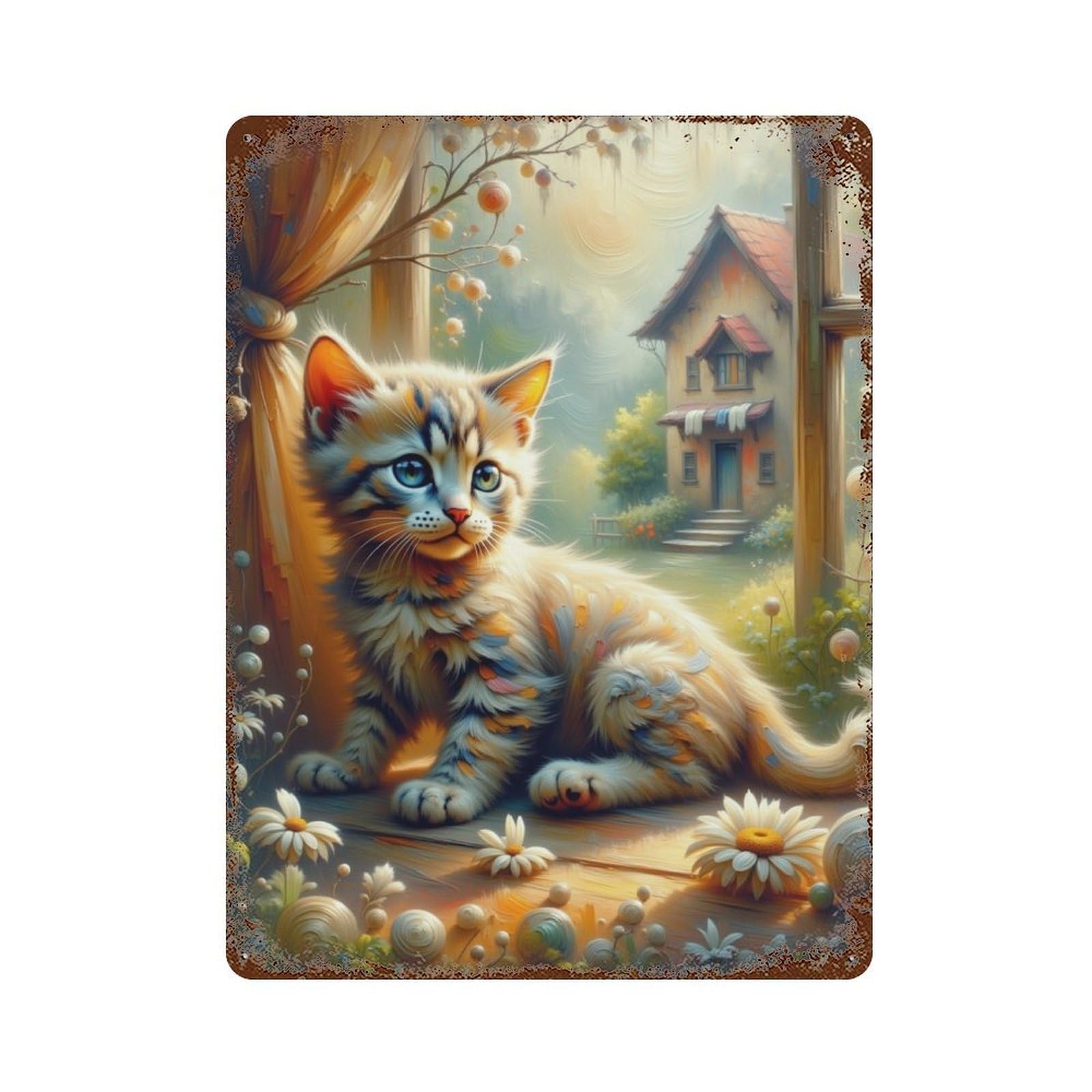 Whimsical Kitten Window View 15.7"x11.8" Vintage Rust Metal Sign, Classic Wall Plaque for Office, Studio And Wall Decor