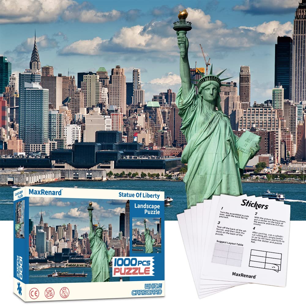 BUSCBEARStatue of Liberty 1000 Pieces for Adults Kids Jigsaw Puzzles with Stickers World Famous Landmark Cool and Challenge Game Home Decoration