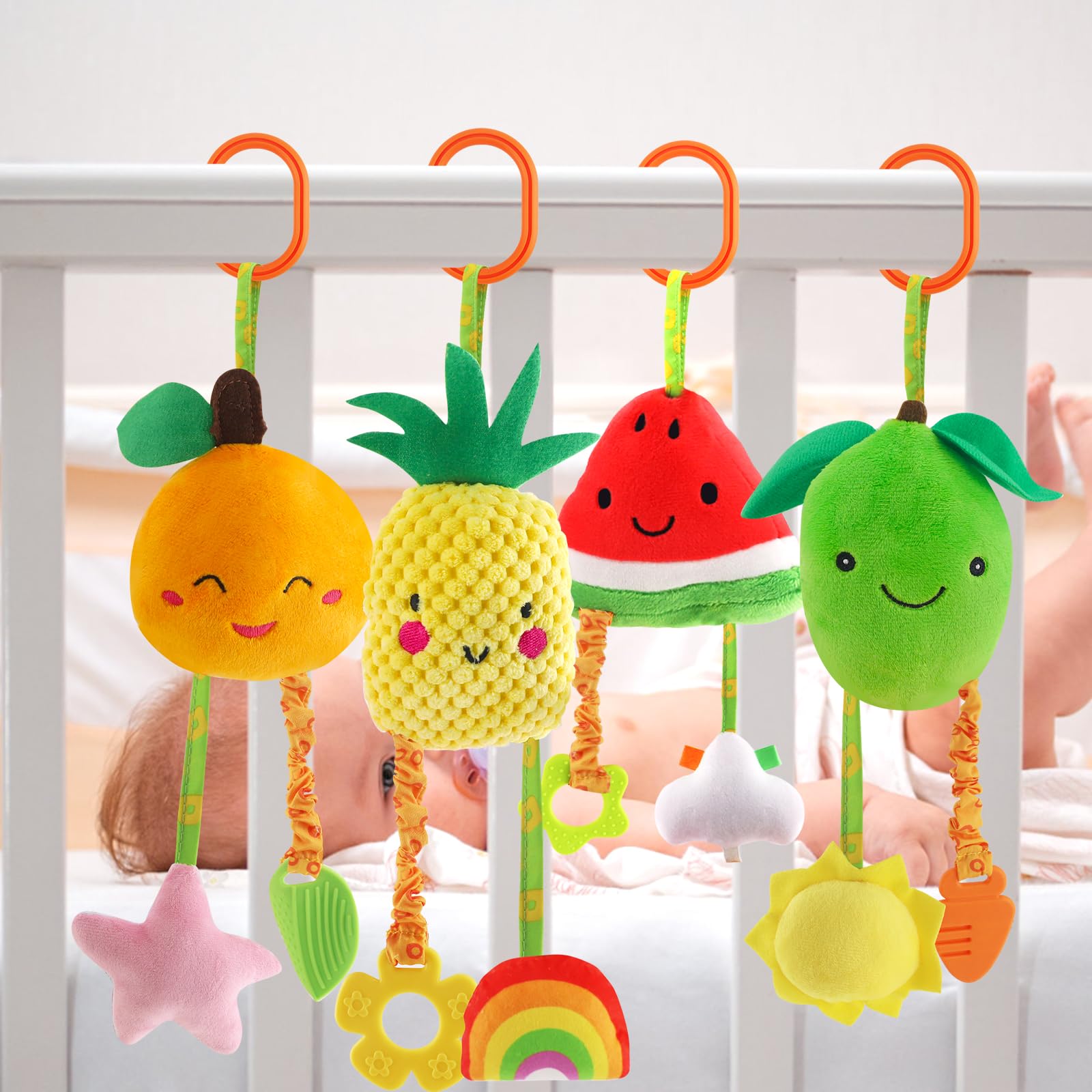 KAKIBLIN Baby-Spielzeug zum Aufhängen, 4 Stück, für Autositz, Buggy, weiches Quietschspielzeug für Babys, Neugeborene, Auto, Bett, Krippe, Reisen, Aktivität, Früchte-A