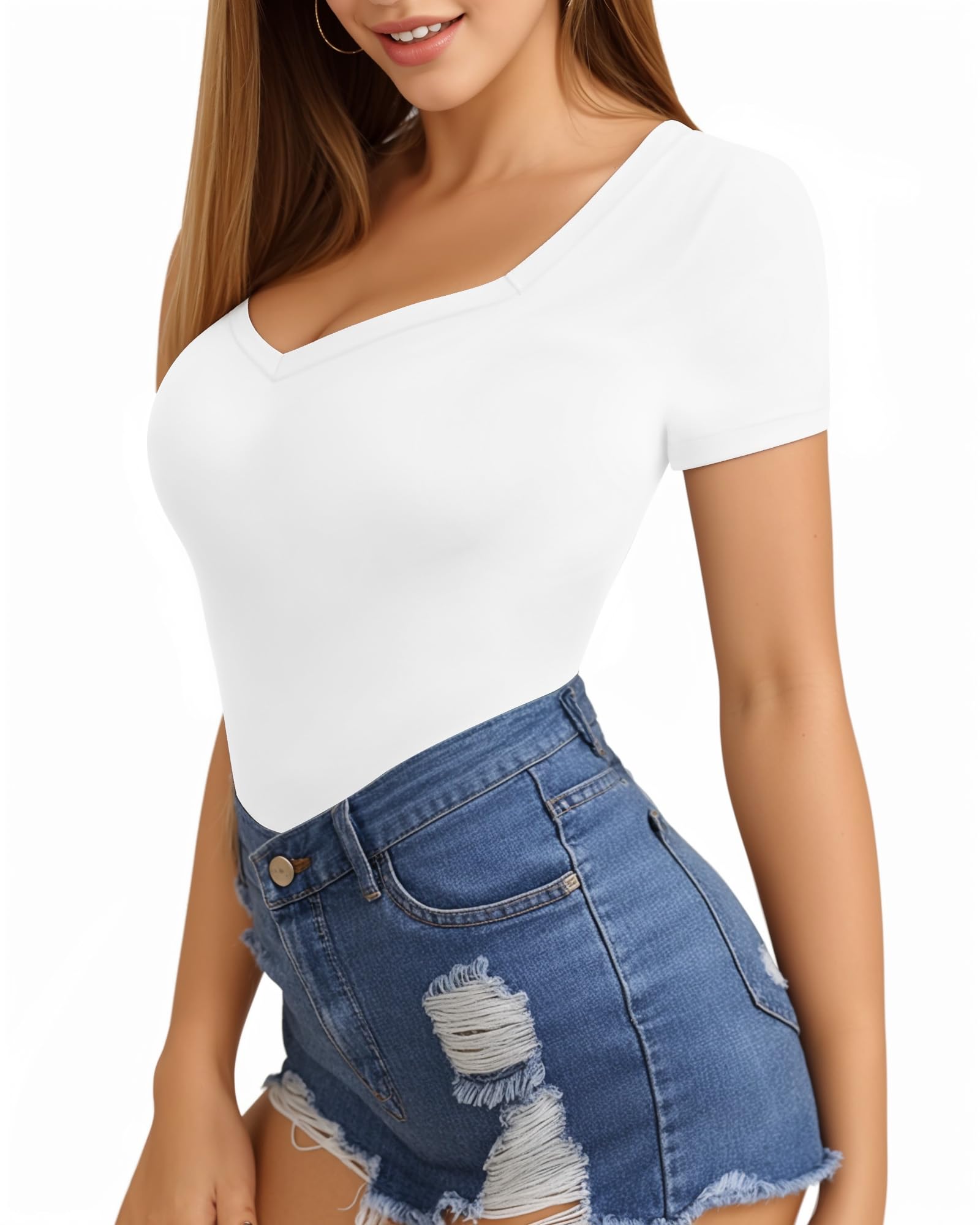 MANGOPOP Body con cuello en V para mujer, manga corta, manga larga, trajes de cuerpo