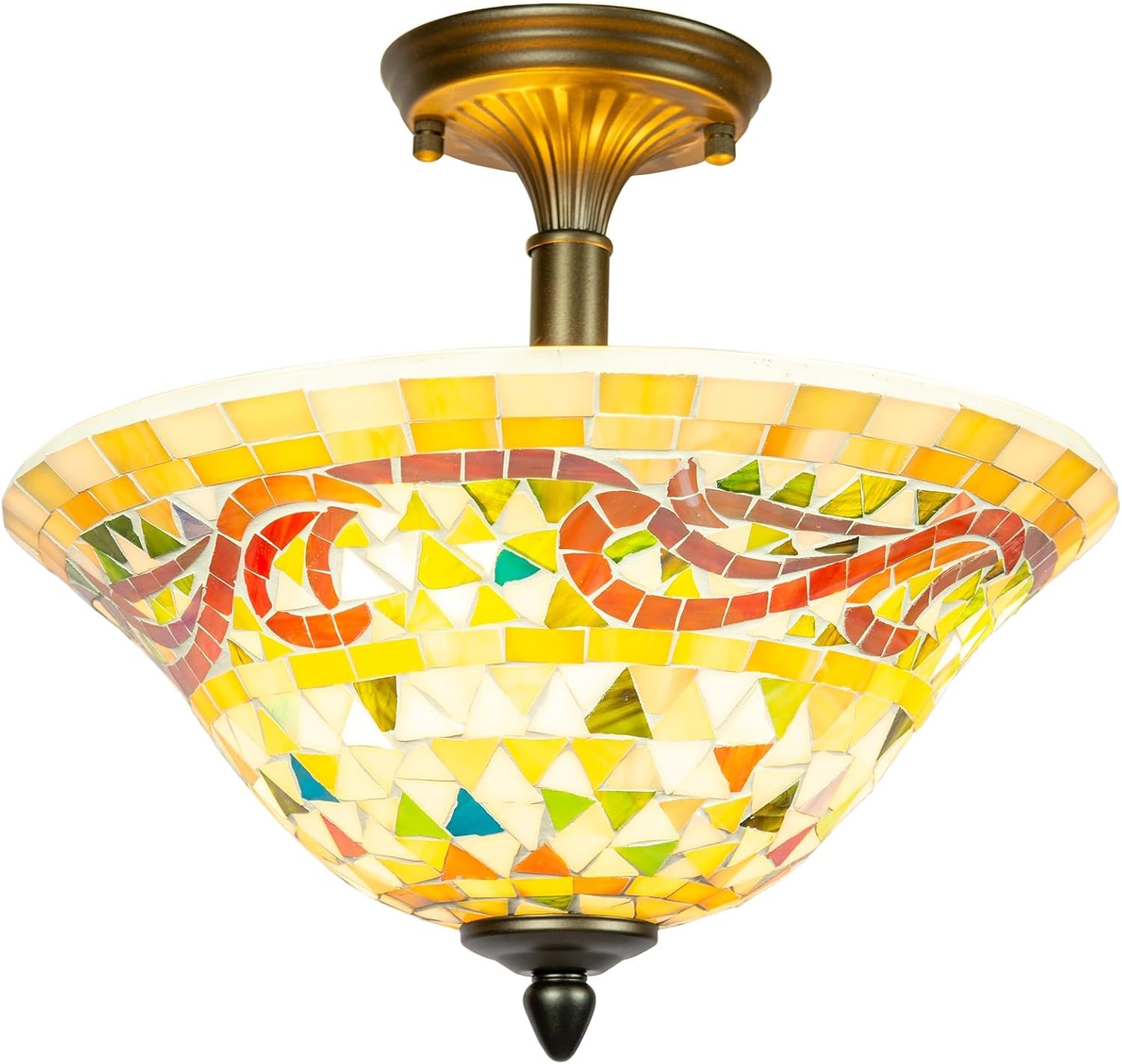 Pemberly Row Mosaic Flush Mount Ceiling Light, 12 in x 13.25 in, Metal Antique Brass Finish, Beige Multicolor Mosaic Glass Shade, 3-Bulb, Indoor Foyer or Entryway Lighting Fixture