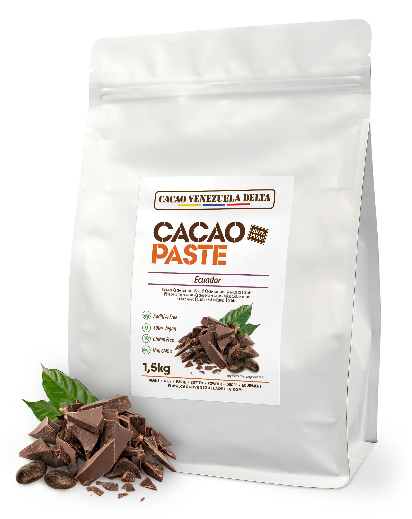 Cacao Venezuela Delta Pasta De Cacao Pura Ceremonial 1.5 Kg de Origen Ecuador - Chocolate Negro 100% Puro sin Azúcar para Fundir y Reposteria - Masa De Cacao Sin Gluten, Antioxidante, Vegano