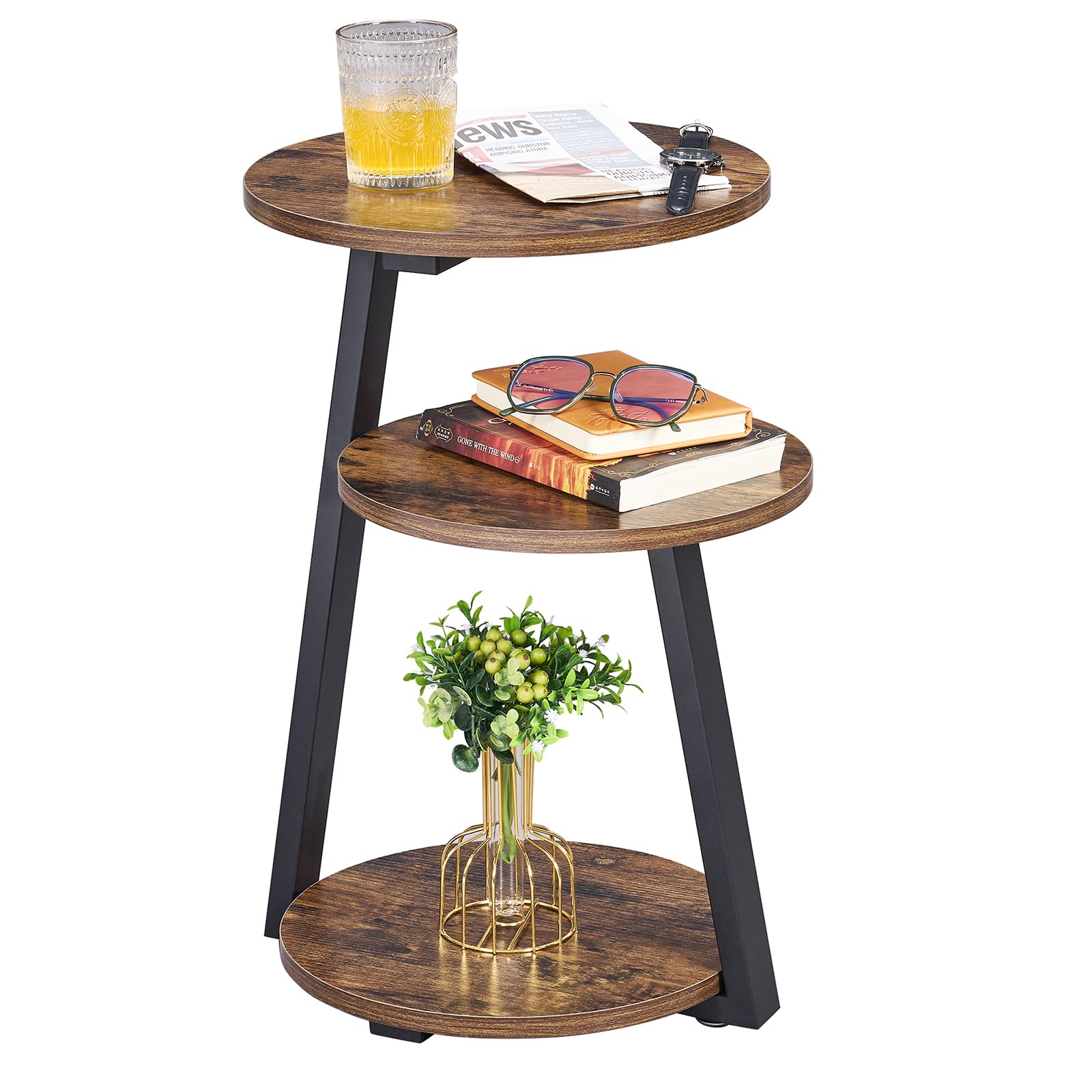 BEWISHOME Round Side Table, 3-Tier End Table, Nightstand with Metal Frame
