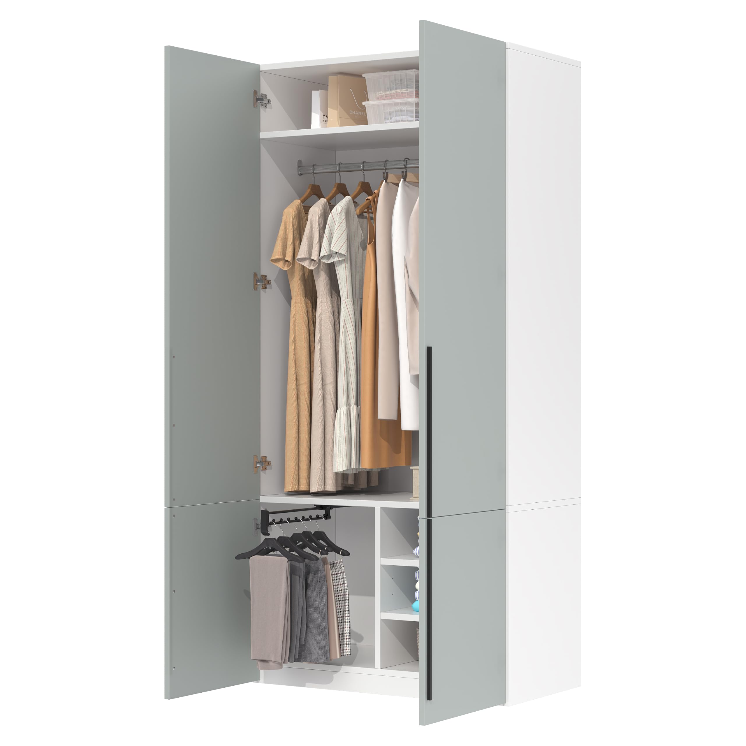 Armoire 90 x 50 x 200 cm, gris, porte-pantalons, 4 compartiments, tringle à