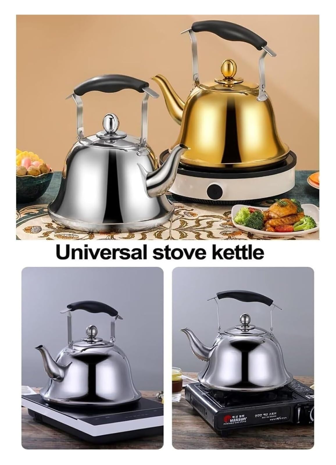 Tetera silbante for estufa, de acero inoxidable apto for uso alimentario con asa ergonómica plegable for cocinas de gas, inducción y eléctricas.(Silver,3L)
