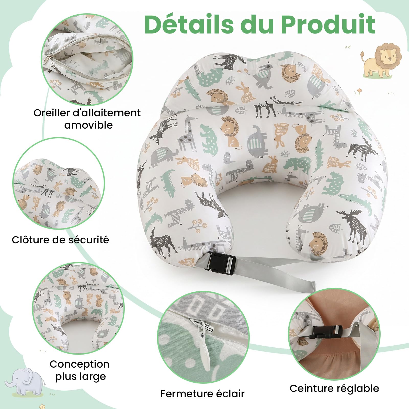 SHANNA Coussin Allaitement Coussin de Grossesse et d'allaitement XXL Oreiller d'allaitement Ergonomique Coussin de Maintien avec Coussin Housse 100% Cotton Amovible(Animaux de La Forêt)