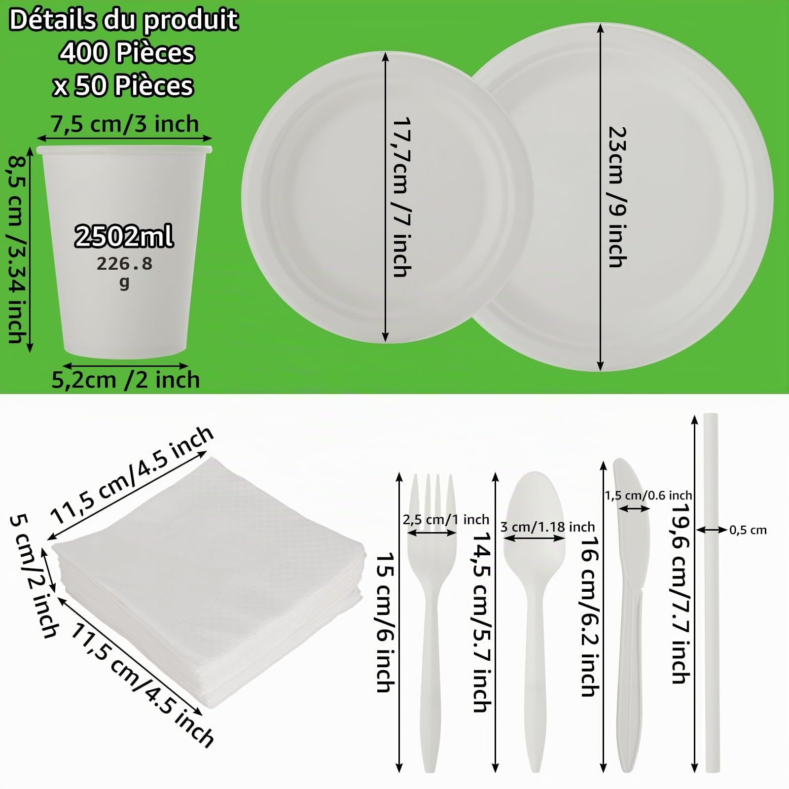 AKOLAFE Ensemble de 400 Vaisselle Jetable Blanche en Bagasse, Assiette Carton 7/9 Pouces, Assiettes Jetables avec Gobelets 8 oz, Couverts, Serviettes et Pailles pour Fête