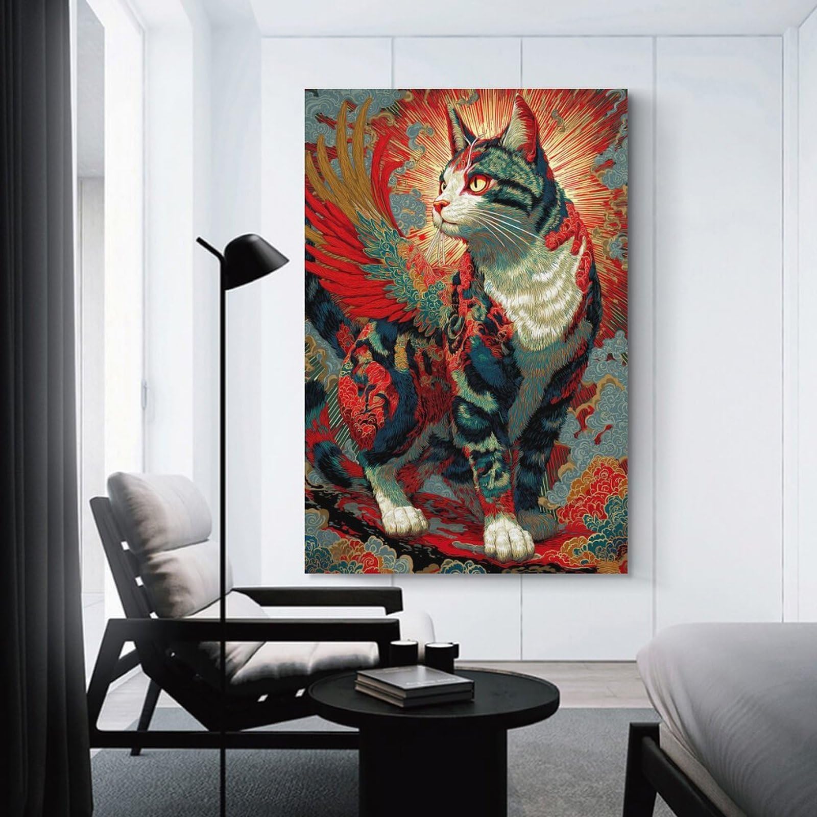 Junmoney Wall Art Print Winged Cat Art, 20x30inch(50x75cm), for Hallway, Bedroom Or Modern Interiors, Thoughtful Wall Decor for Art Lovers