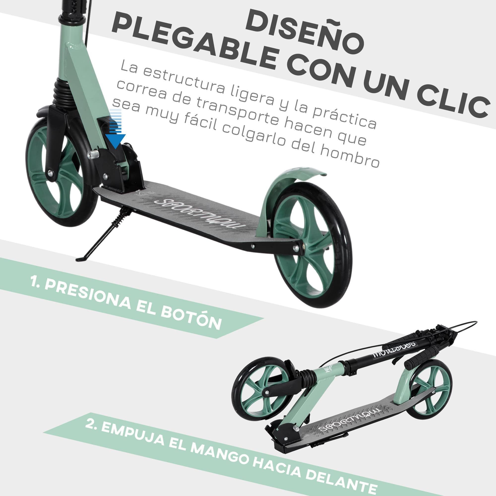HOMCOM Patinete Plegable para Adultos y Niños de +14 Años Scooter Ligero con Manillar Ajustable Grandes Ruedas Ø200 mm Amortiguador y Freno Aluminio Carga 100 kg 91,5x36,5x91-104 cm — view 4