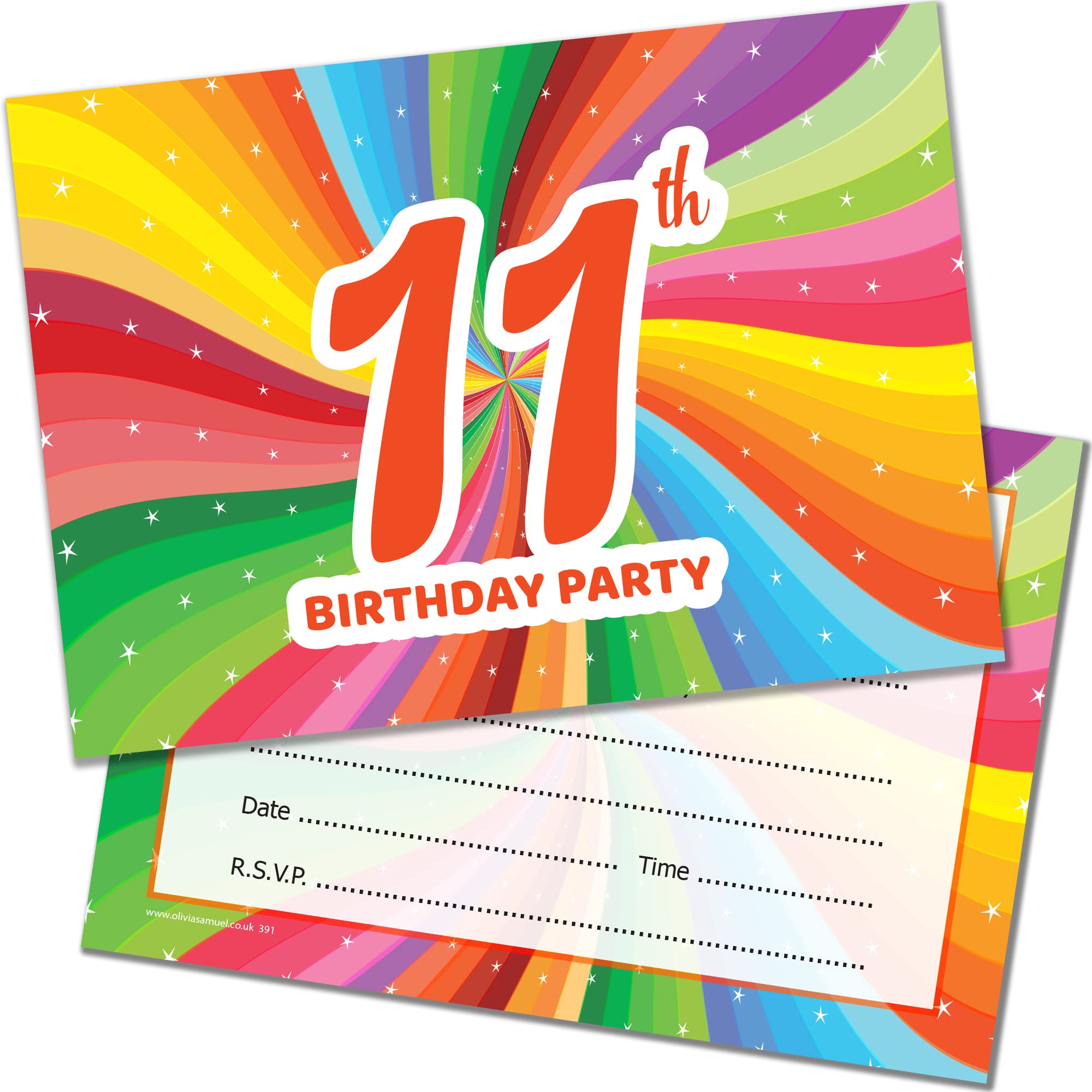 20 x 11th Birthday Party Invitations. Children's Bright Unisex Style. Multipack of 20 Invites with Envelopes