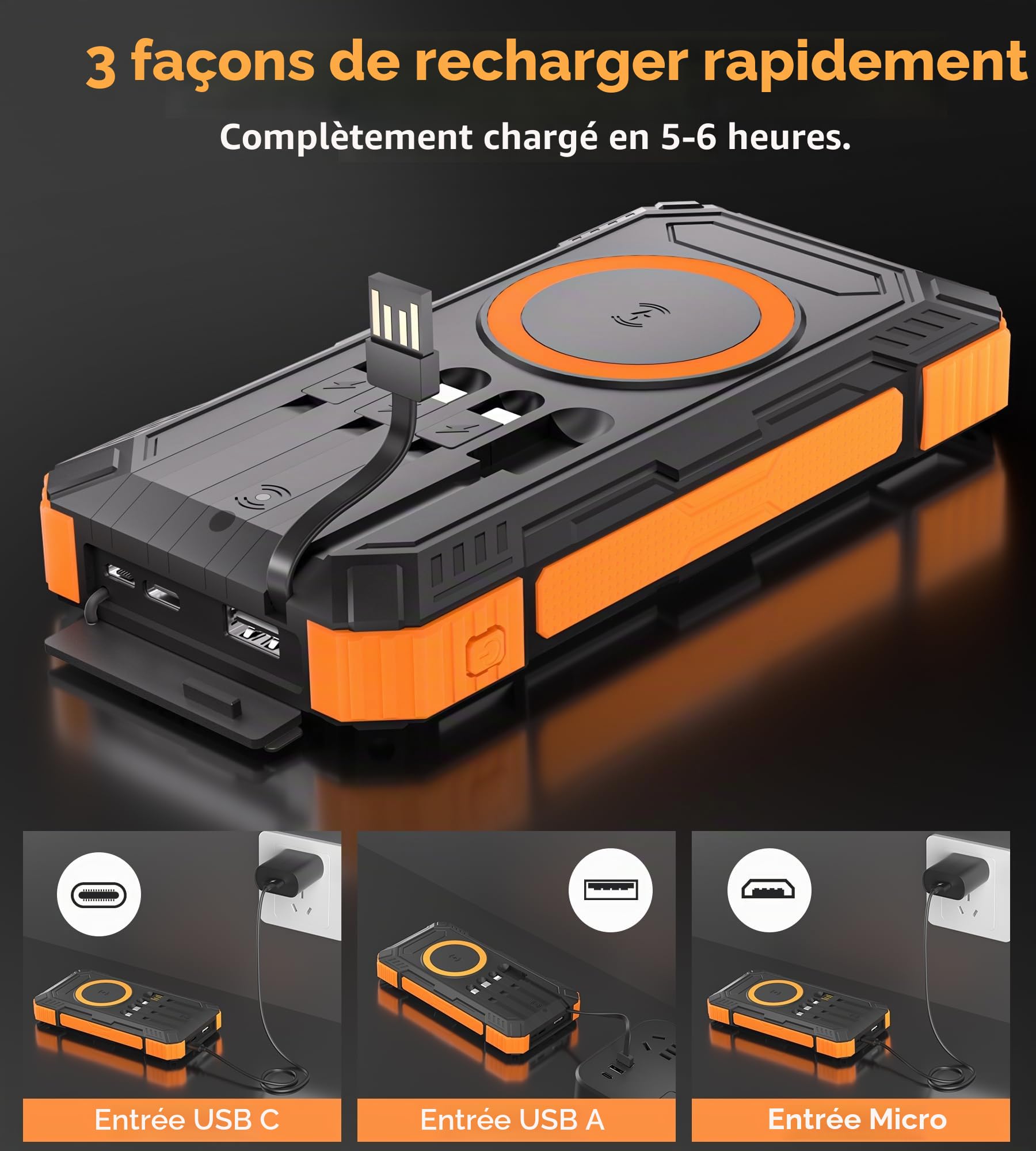56800mAh Power Bank: Solare Wireless Power Bank 30W Ricarica Rapida, Caricatore Portatile Con 4 Cavi Integrati, 6 Uscite, Torcia, Powerbank per Campeggio, Cellulare, Tablet (Orange)