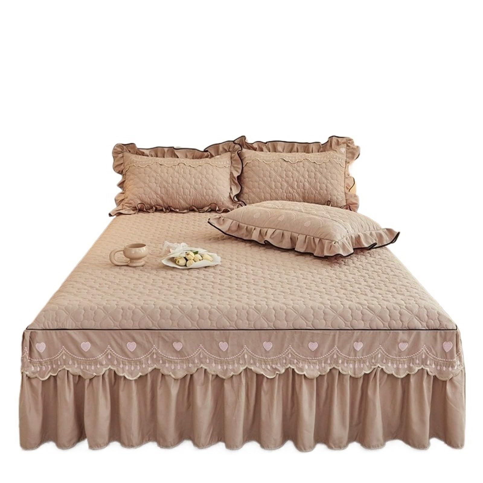 Bed Skirt Quilted Bed Skirt Thick Clip Cotton Bedspread Skin-friendly Breathable Mattress Protector With Strap For Bedroom(Khaki,1PC-150x200cm)