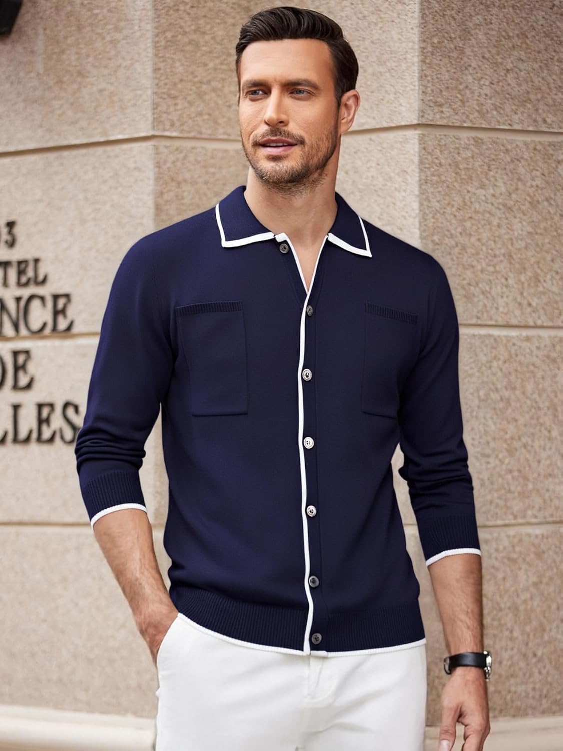 Alex Vando Mens Retro Cardigan Shirts Long Sleeve Two Pockets Knit Casual Button Down Shirts for Men - Image 2