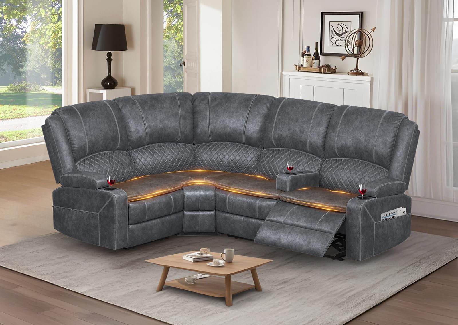 Yolsali Manual Reclining Sectional Sofa Set, 4 Seats Soft Dutch Velvet Recliner Corner Sectional Couch, Family-Sized L-Shaped Recliner Couch with USB