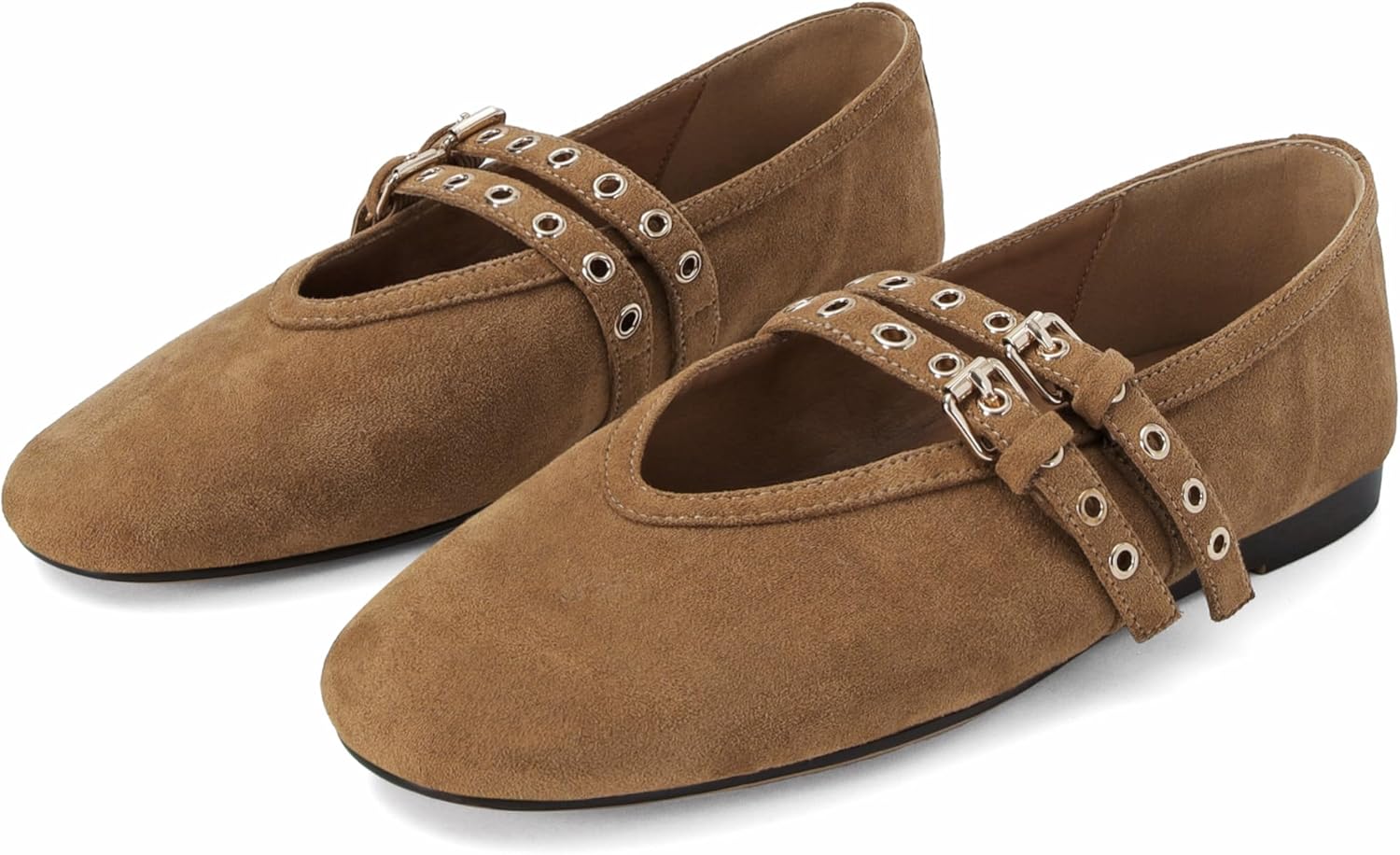 SOVANYOU Suede Mary Jane Flats for Women Perforated Round Toe Ballet Flats with Double Buckle Strap Breathable Mesh Ballerina Shoes