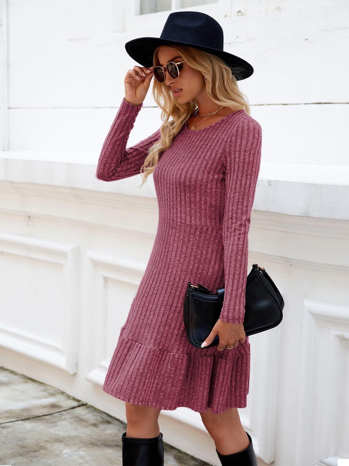 Zetieny Vestito Casual Donna Abito in Maglia a Maniche Lunghe con Scollo Rotondo Pullover Tinta Unita Autunno e Inverno