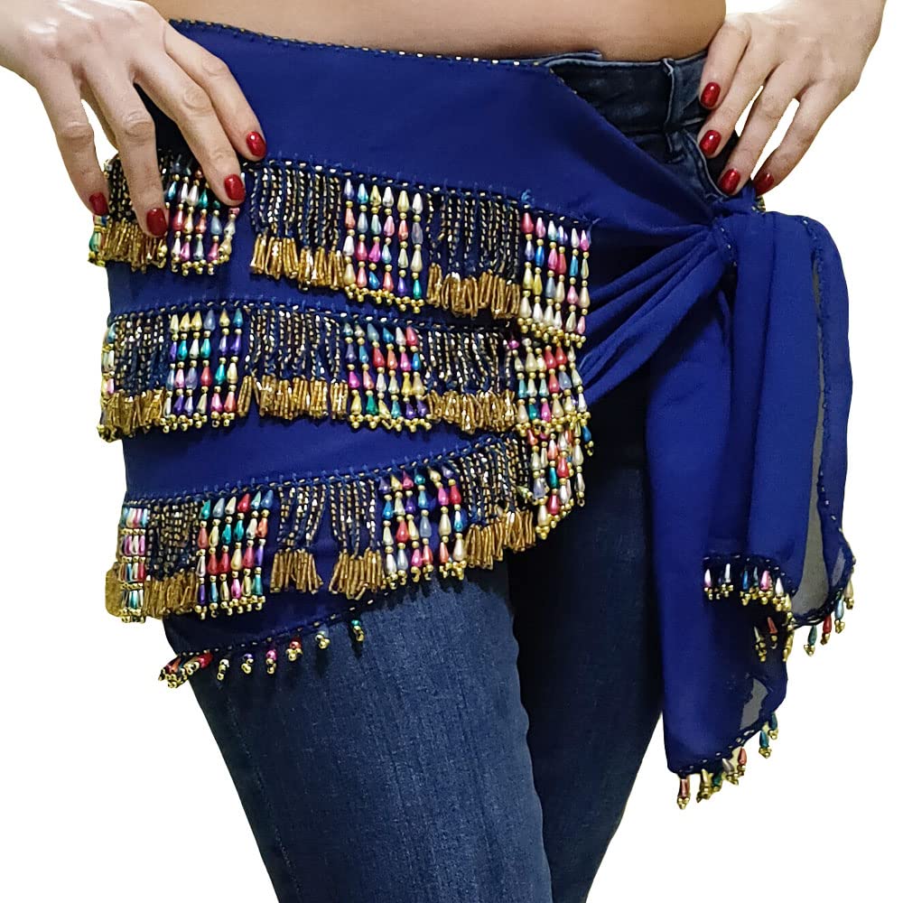 Bauchtanz Schal Hüfte Schärpe Perlen Handgefertigt in Ägypten (Blaugold)