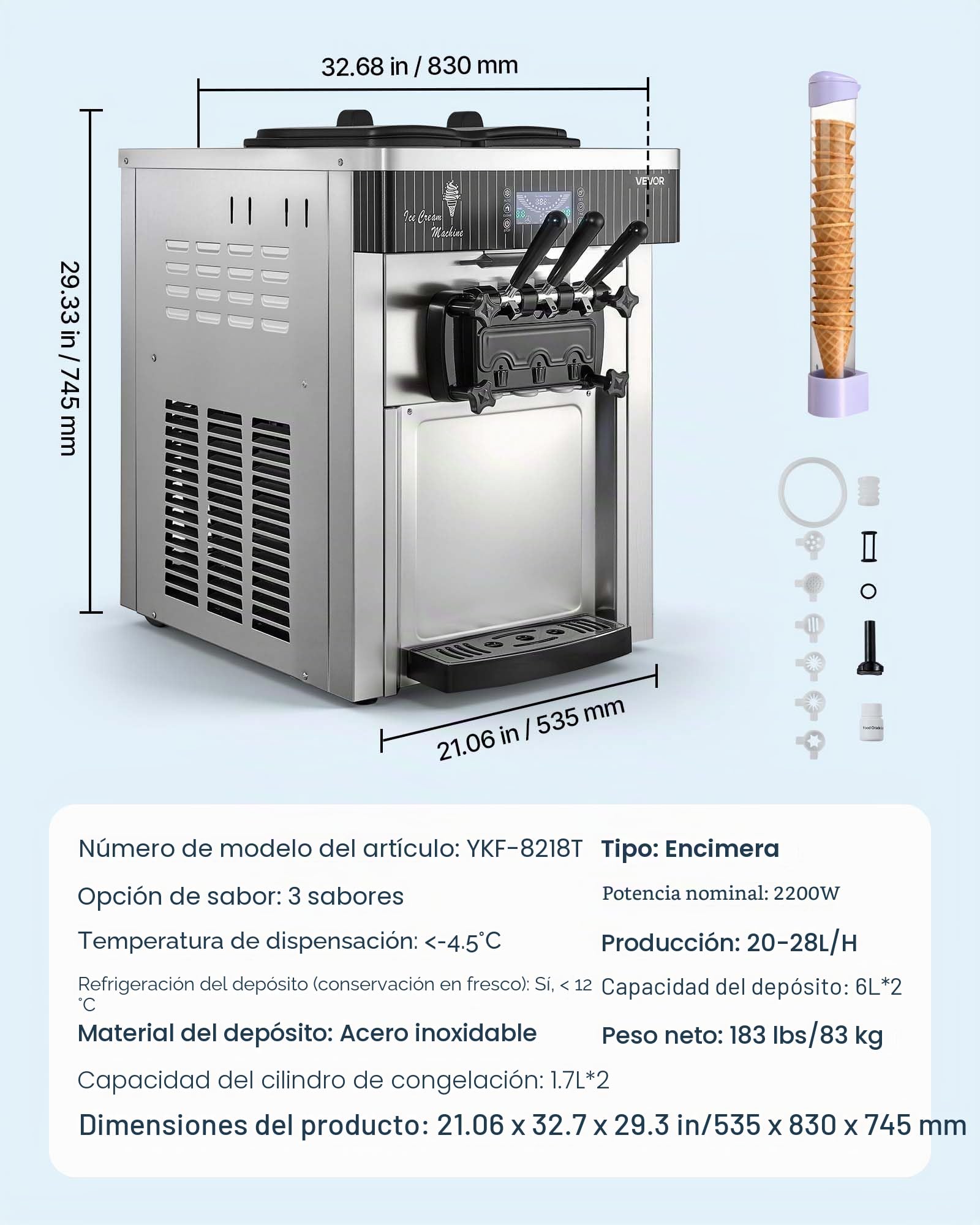 VEVOR Máquina de Helado Suave Comercial 3 Sabores 2200 W, Caudal de 20-28 L/h, Máquina para Hacer Helados Sobremesa con 2 Tolvas de 6 L, Agitación de Tolva, Preenfriado y Autolimpieza para Tiendas