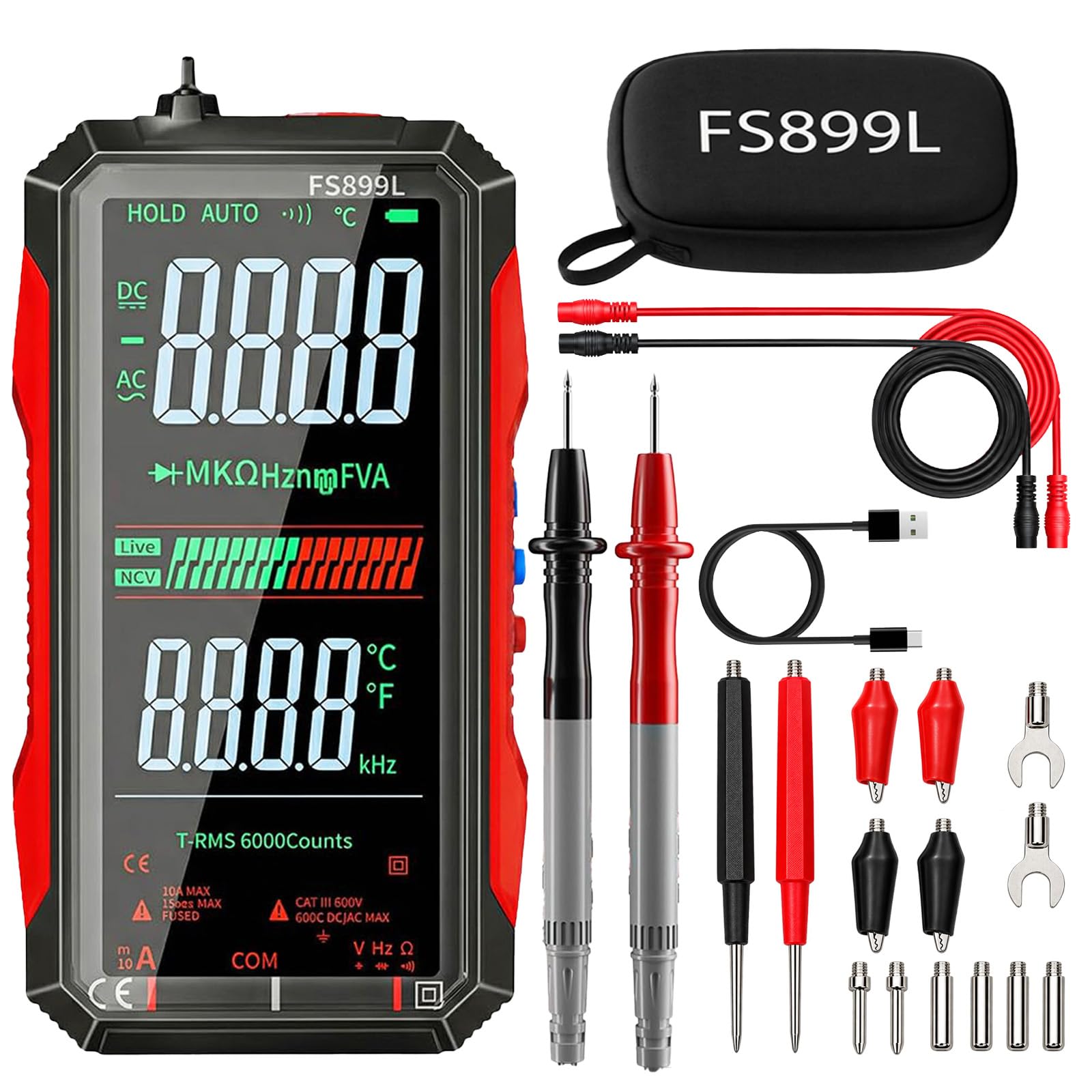 Rechargeable Digital Multimeter 6000 Counts True RMS Smart Tester with 5-Inch Screen, Auto-Range, NCV Detection, Capacitance & Temperature for Home Automotive Industrial Electrical Repairs (Red)