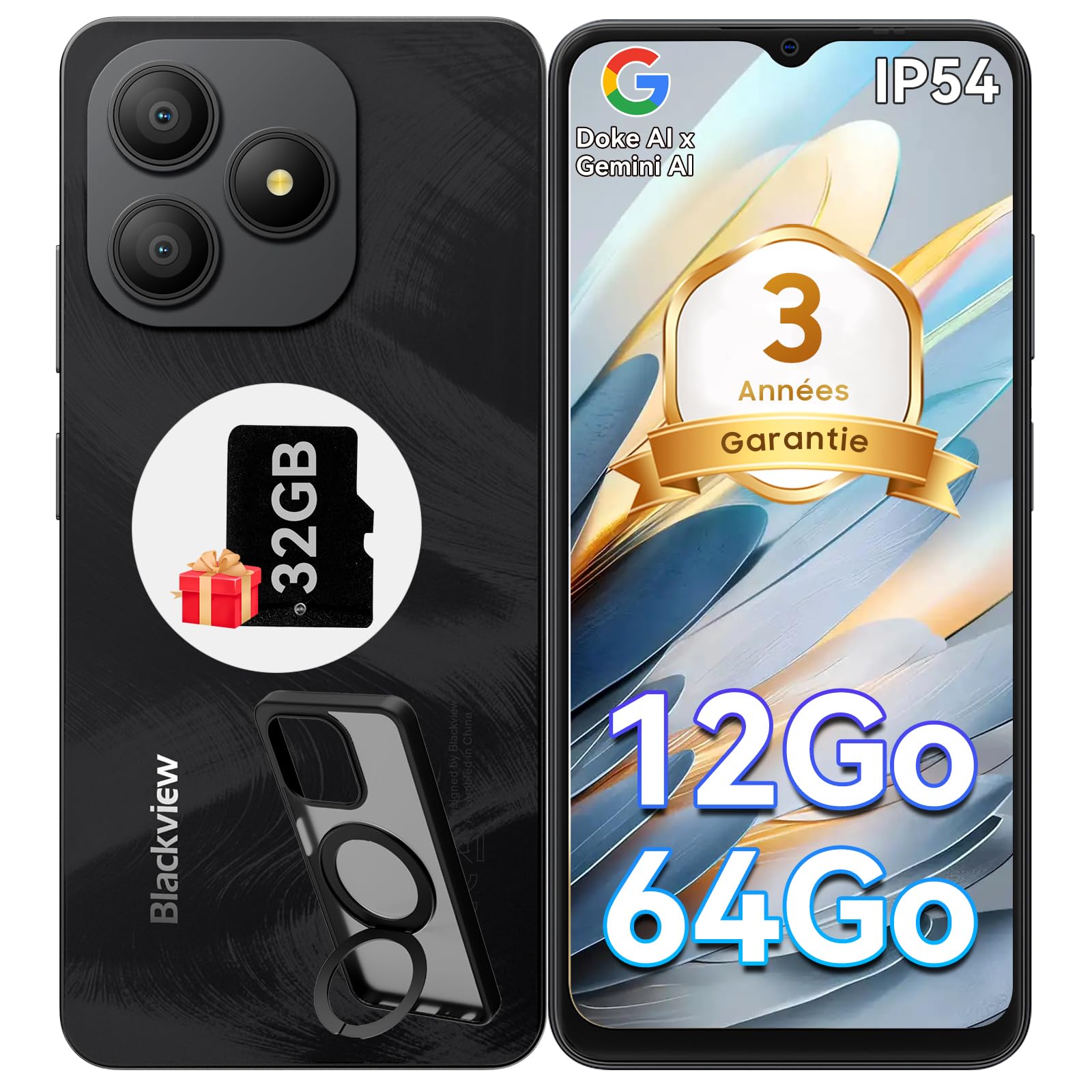 Blackview Wave 9C Telephone Portable Pas Cher avec Coque 360° Rotatif 12Go+64Go / 2To TF, 6,56" IP54 Android 15 Smartphone Débloqué 4G Dual SIM, 5000mAh 13MP Téléphone 4G, GPS,OTG, 2 Ans Garantie