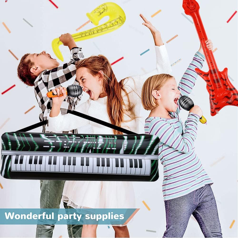 16 Piezas Instrumentos Inflables Rock Colorido Inflable Guitarra Micrófonos Saxofón Inflable Piano Inflable Bajo Inflable Gafas de Radio + Bomba de Aire para Celebraciones Carnaval