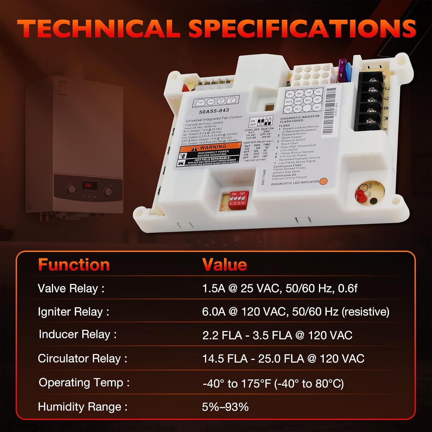 Universal Furnace Control Board Compatible with 50A55-843, 50A50 & 50A55 Models, Replacement for Gas Furnace Ignition Control, with RO1–RO2 Jumper & Wiring Harness