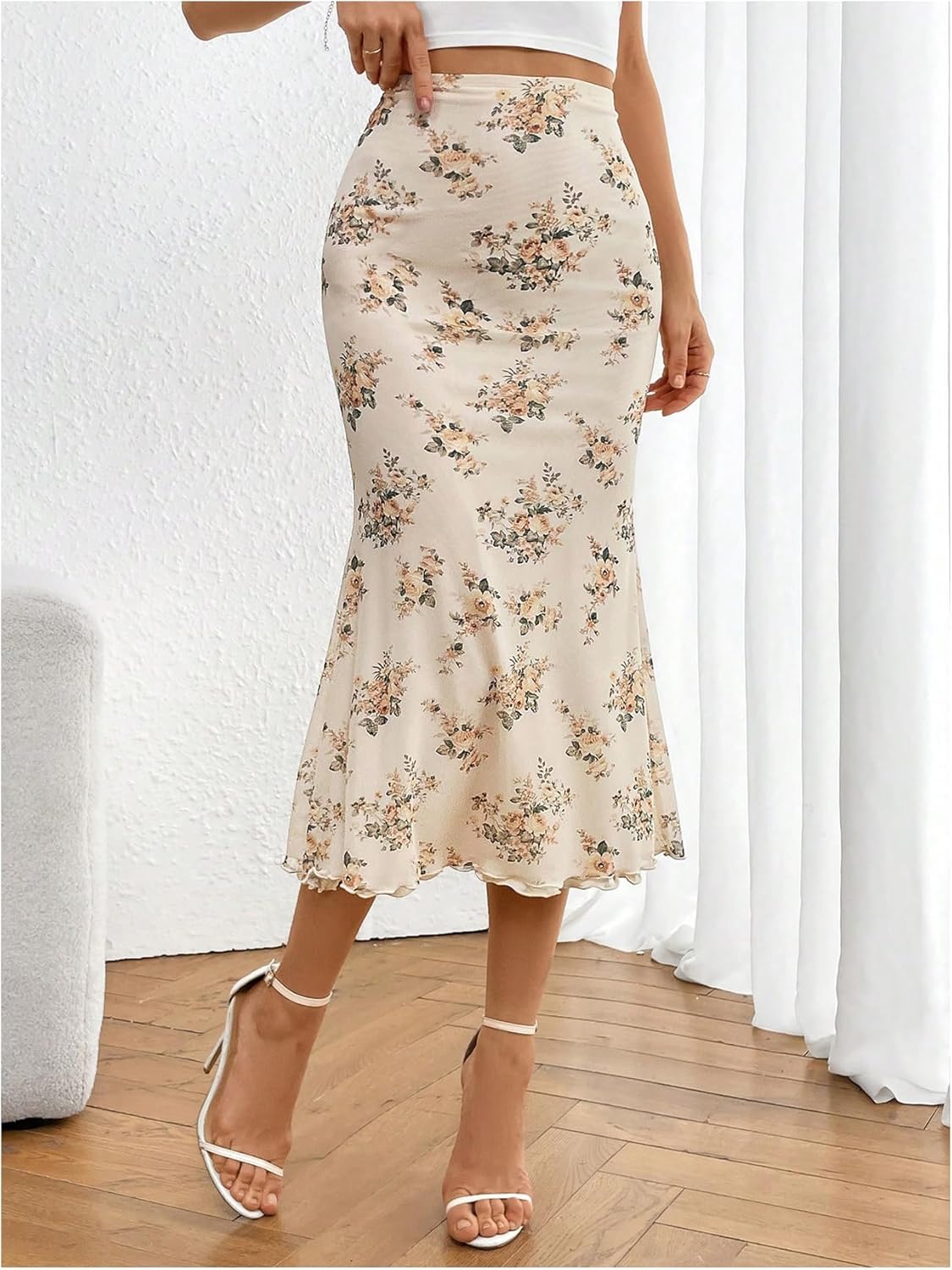 Women's Floral Mesh Ruffle Midi Skirt High Waisted Fishtail Hem Lettuce Trim Bodycon Skirts - Image 2