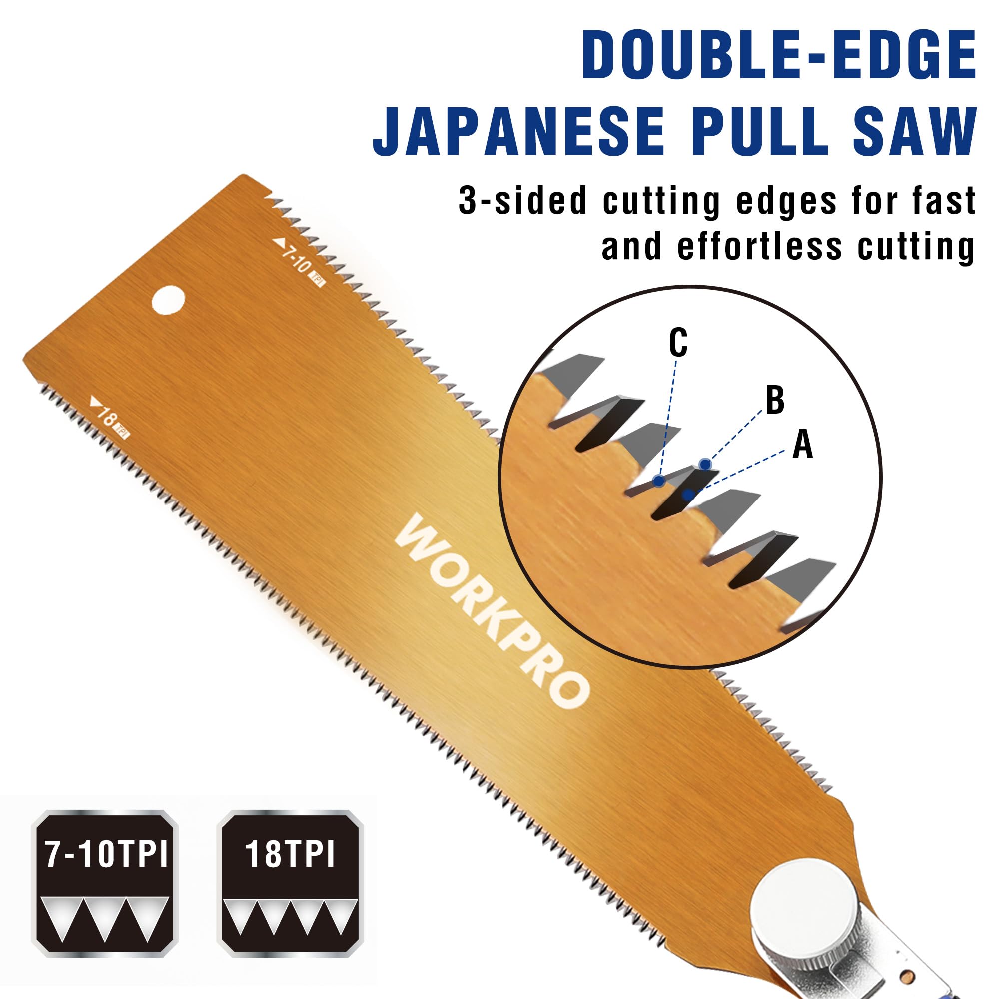 WORKPRO 250 mm Japanese Pull Saw, Double Edged Woodworking Saw 18 and 7-10TPI, SK5 Blade Hand Saw for Craft Hobby, DIY - Image 3
