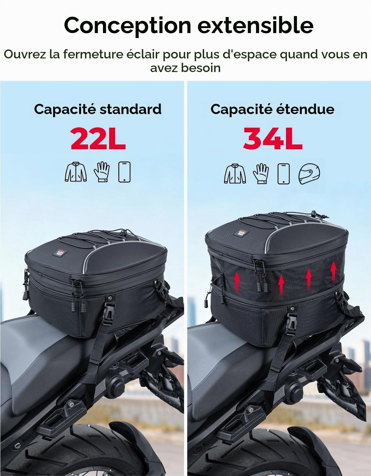 KEMIMOTO Sac de Selle de Moto, 22L-34L Sac Arrière à Double Usage avec 10 L Sacoche Isotherme, Sacoche à Casque Extensible pour la Plupart des Moto