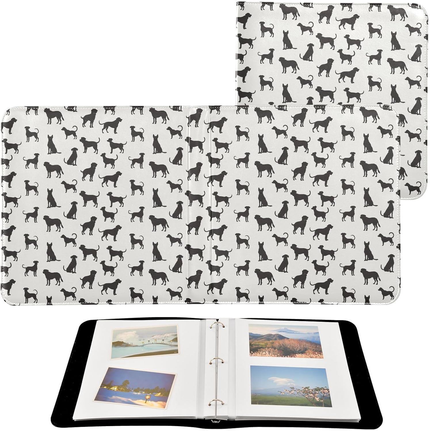JIPONI Black Dogs Large Photo Album, DIY Leather Cover Scrapbook Albums for 4x6 5x7 6x8 Pictures, Self Adhesive Memory Book for Wedding, Baby, Family