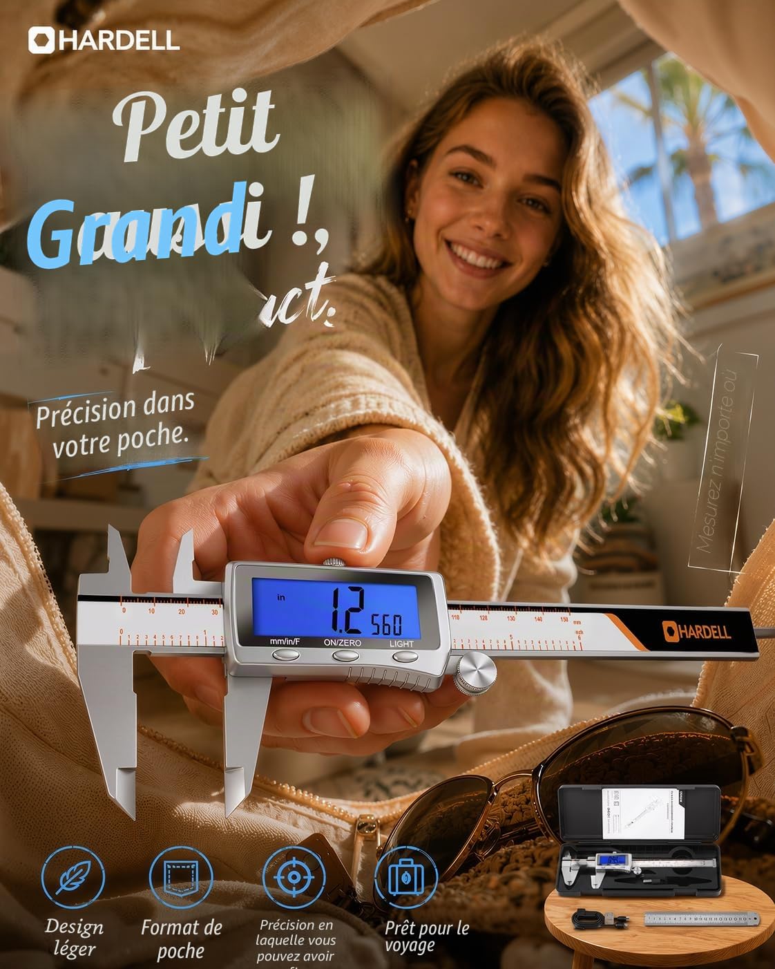HARDELL Pied à coulisse numérique, outil de mesure rechargeable avec écran LCD rétroéclairé, tous les étriers en métal, micromètre numérique à arrêt automatique, pouces/mm/fraction pour la maison