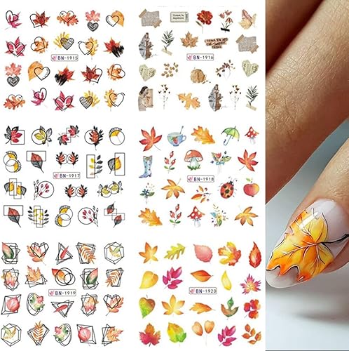 Miniatura 6 de 12 calcomanías de otoño para arte de uñas, hojas de arce, calcomanías de transferencia de agua, calcomanías de otoño, Acción de Gracias, pavo,