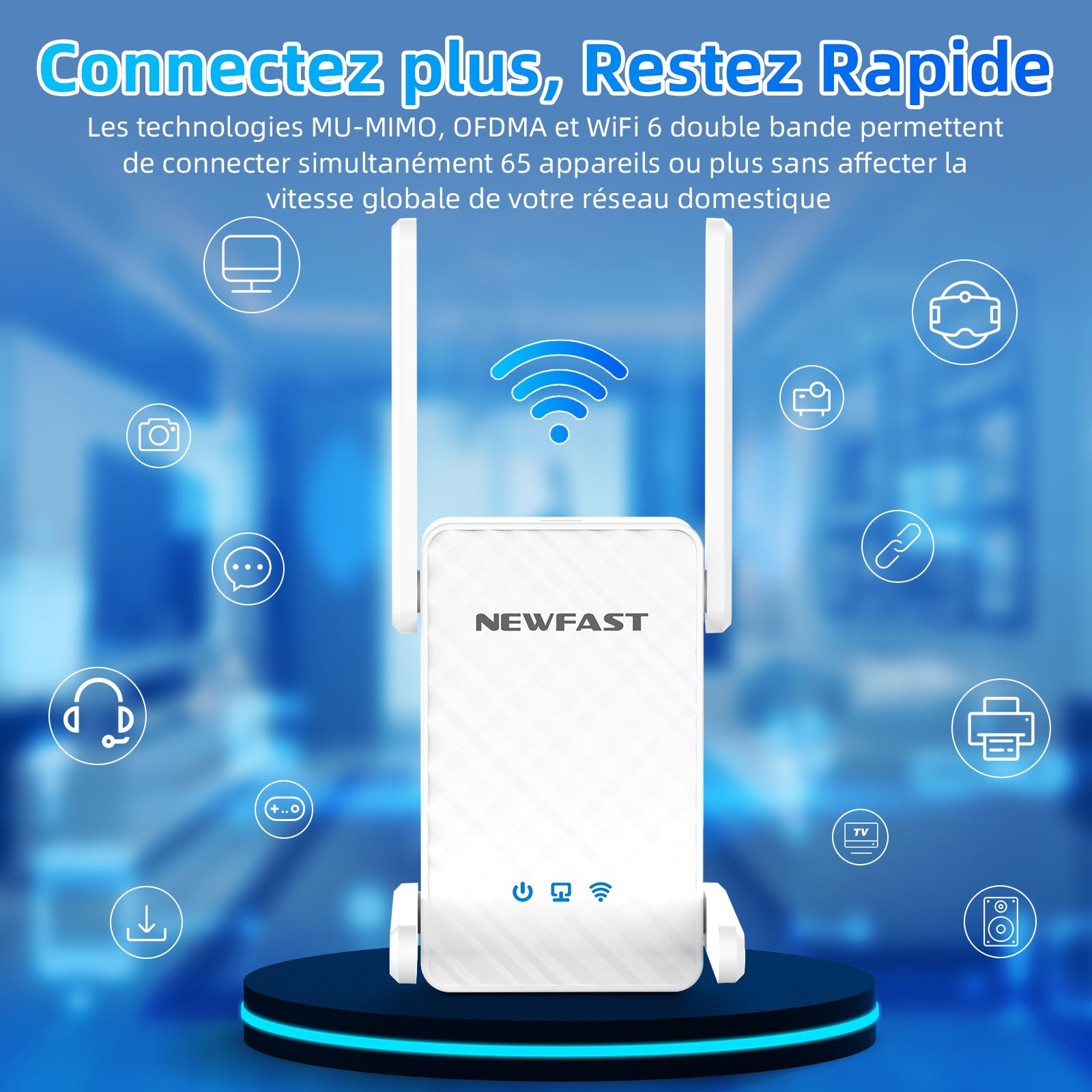 NEWFAST Répéteur WiFi 6 NF-RE556, Amplificateur WiFi Puissant AX3000 Mbps,Port Ethernet Gigabit, 2402Mbps 5GHz & 574Mbps 2.4GHz Repetiteur WiFi Compatible avec Toutes Les Box Internet, 4 Antennas