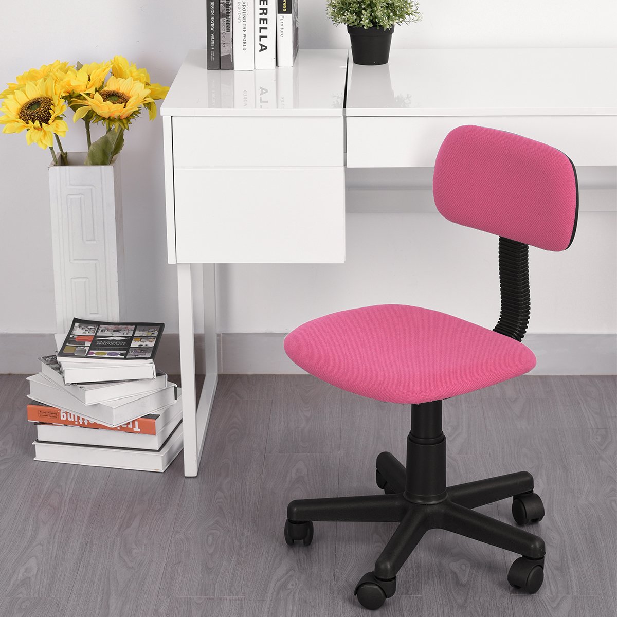 FurnitureR, sedia da bambini a schienale basso regolabile, elegante sedile da ufficio, computer, scrivania, studio, sedia girevole senza braccioli Pink