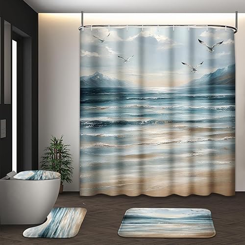 Juego de cortina de ducha abstracta de playa con cubierta de tapa de inodoro y alfombras antideslizantes para baño, pintura al óleo, gaviota,