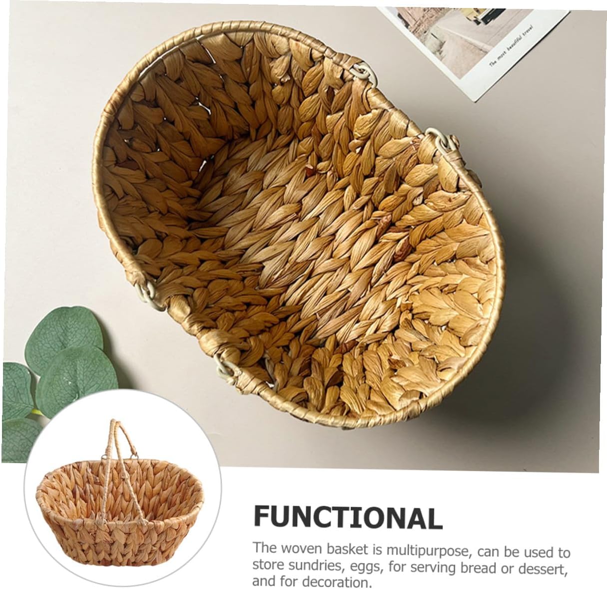 Woven Bread Basket with Handle, Iron and Hyacinth Grass Kitchen Storage