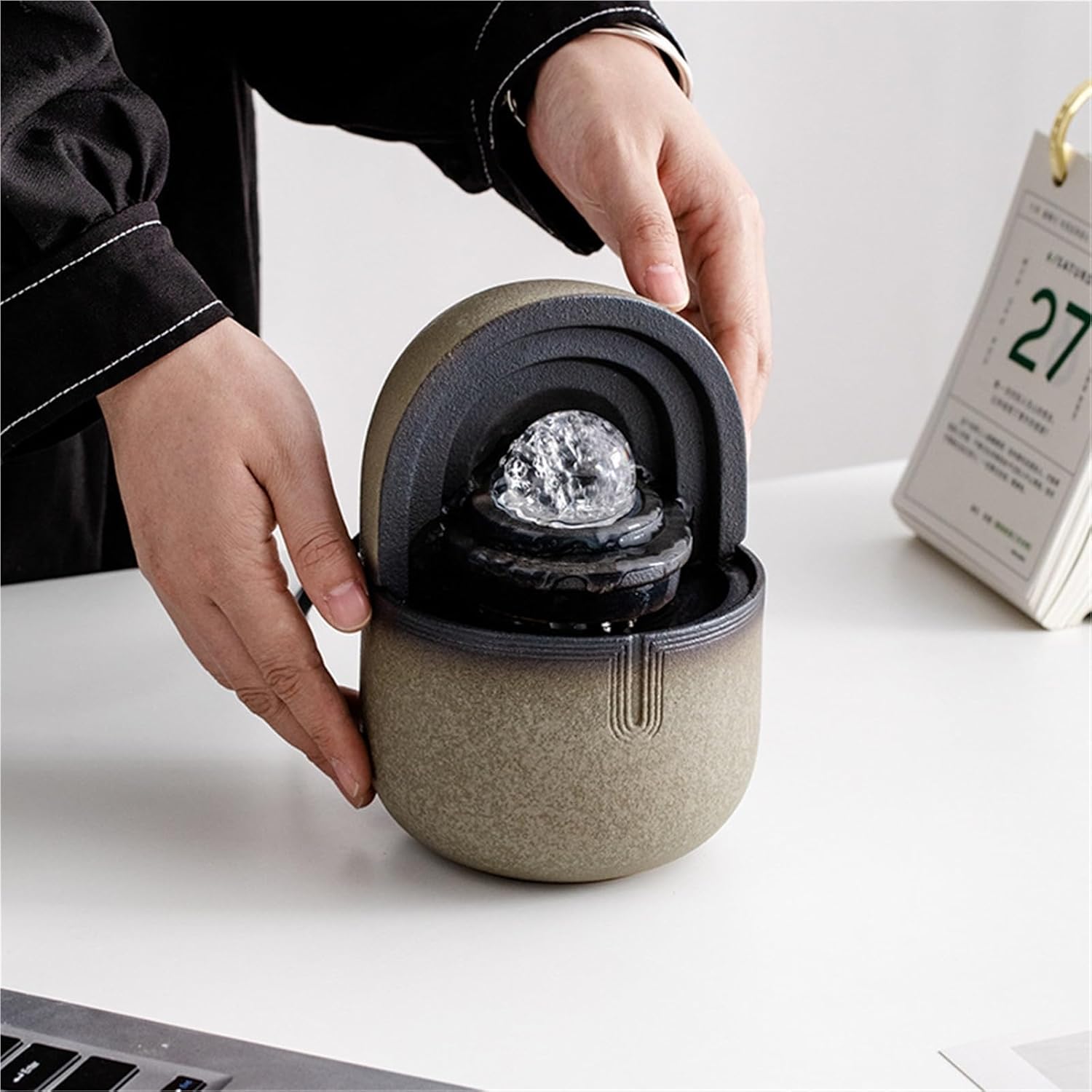 6.7”H Ceramic Tabletop Fountain with Glazed Finish and Rotating Crystal Ball, Indoor Zen Waterfall Decor with LED Light for Home Office Meditation(Gray USB Pump)