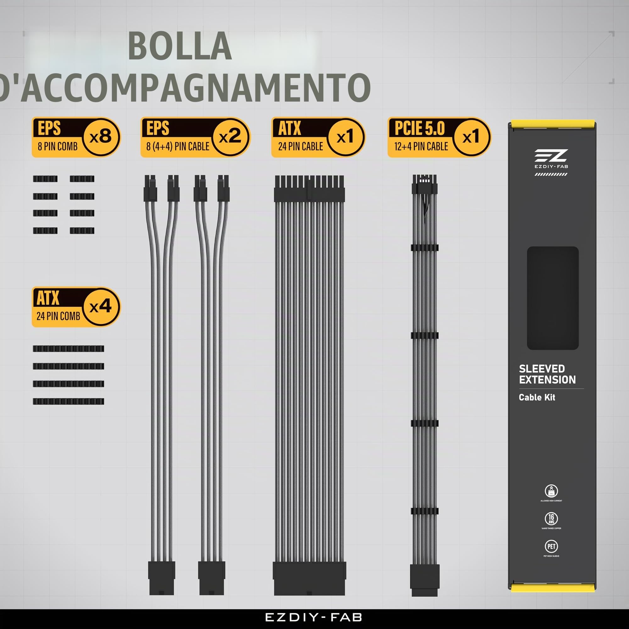 EZDIY-FAB Kit di Estensione del Cavo PSU 12VHPWR,Estensione del di Alimentazione 16AWG PCIE 5.0-1x 24 pin ATX /2X 8Pin (4+4) EPS/1x12+4 pin GPU,Cavo a Manicotto 300MM con Pettini-Carbonio