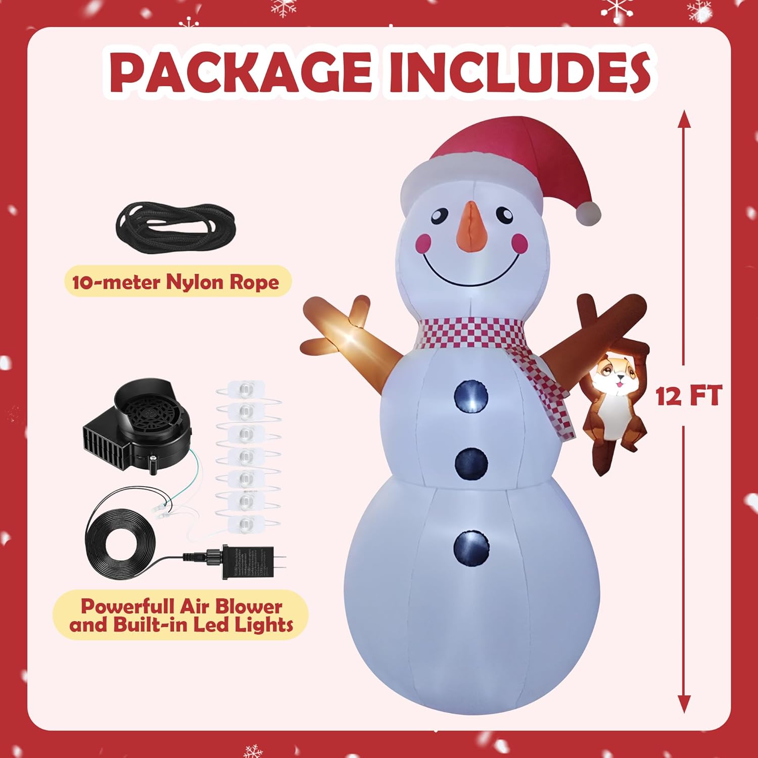 12ft Giant Snowman Inflatable Decor with Cute Squirrel Christmas Inflatable Yard Decor Build-in LED Outdoor Blow up Holiday Decorations for Yard/Lawn/Garden