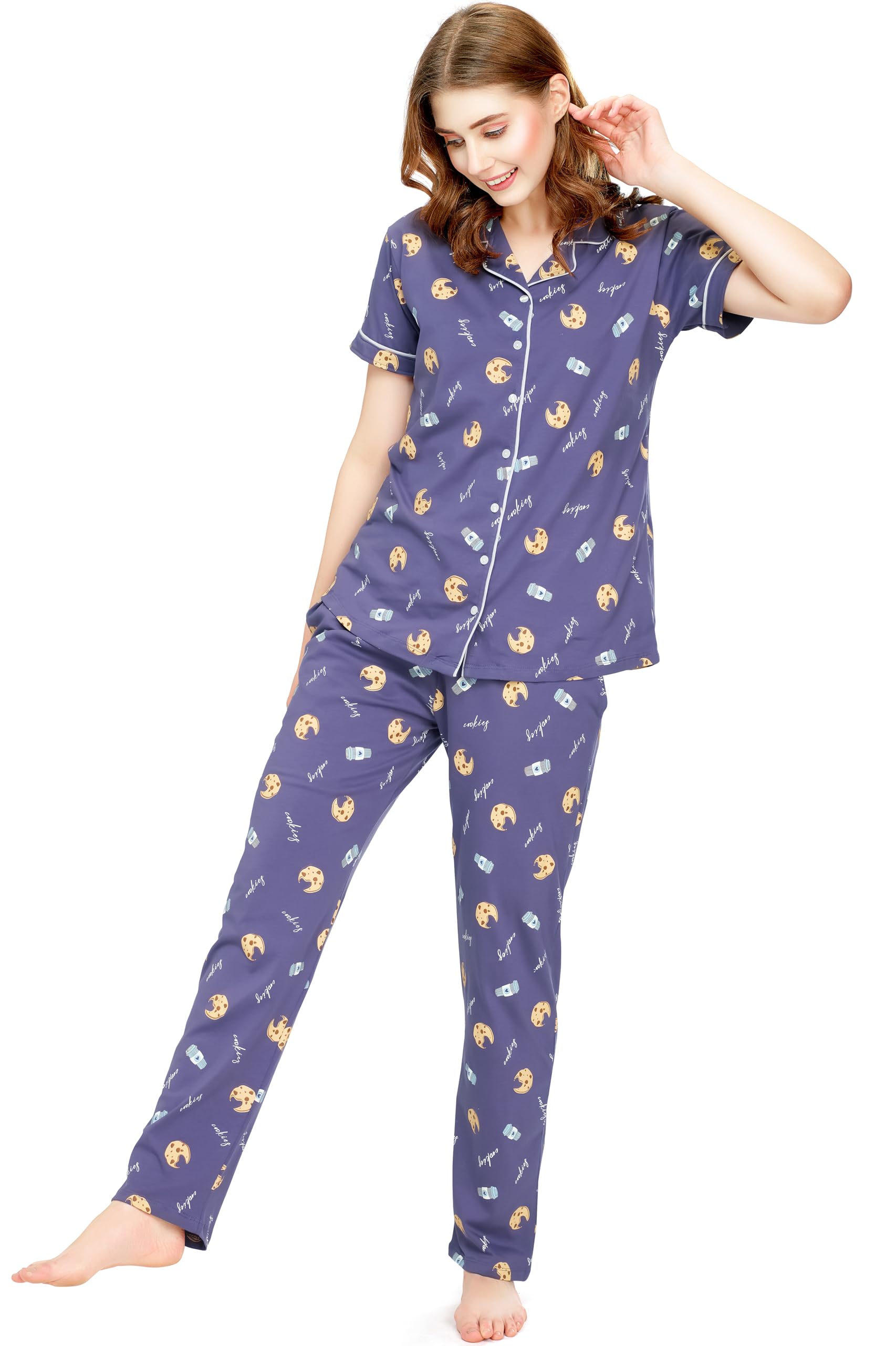 Night Suit for Women's Cookies & Cup Printed Cotton Night Dress of Shirt and Pajama Set 5752-image-47