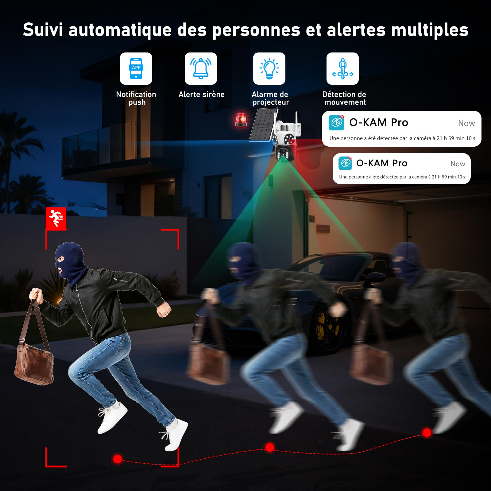 12MP Caméra Surveillance WiFi Extérieure à Triple Objectif,AOV 24/7,355°PTZ Caméra 3-in-1,Détection Humaine avec Panneau Solaire,Suivi Automatique,Vision Couleur,Audio Bidirectionnel,Batterie 10000mAh