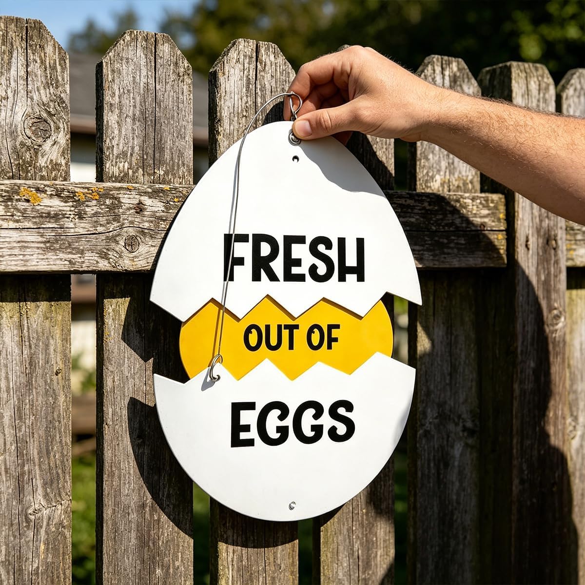 Farm Fresh Eggs Wood Sign - Rustic Farmhouse Decor for Coop & Market, Eggs Sold Out, Chicken Eggs Station Yard Sign, Farm House Chicken Signage • Cracked Eggs Shell Silhouette (A-Wood)