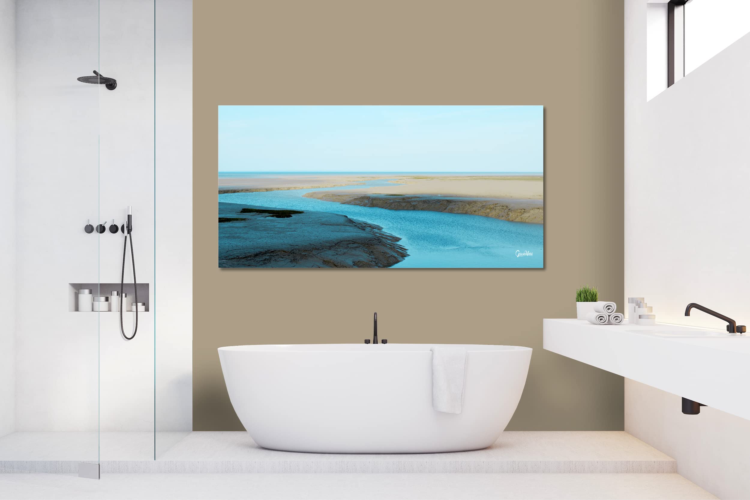 Glücksvilla - Wasserwege am Meer (Leinwand-Bild 2 cm, 160 x 80 cm) | div. Maße - aus DE - Kunstdruck Deko Wandbild quer - Frankreich Bretagne Atlantik Priel Siele Ebbe Flut Küste maritim türkis