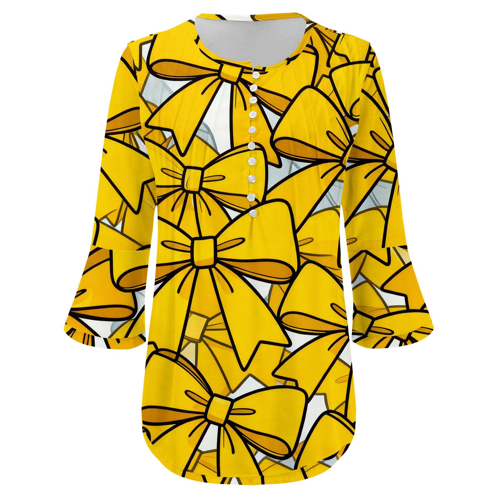 Camicetta a tunica da donna con motivo a fiocco, maniche a 3/4, scollo a V, plissettata sul davanti, vestibilità ampia, estiva, vintage, camicia casual