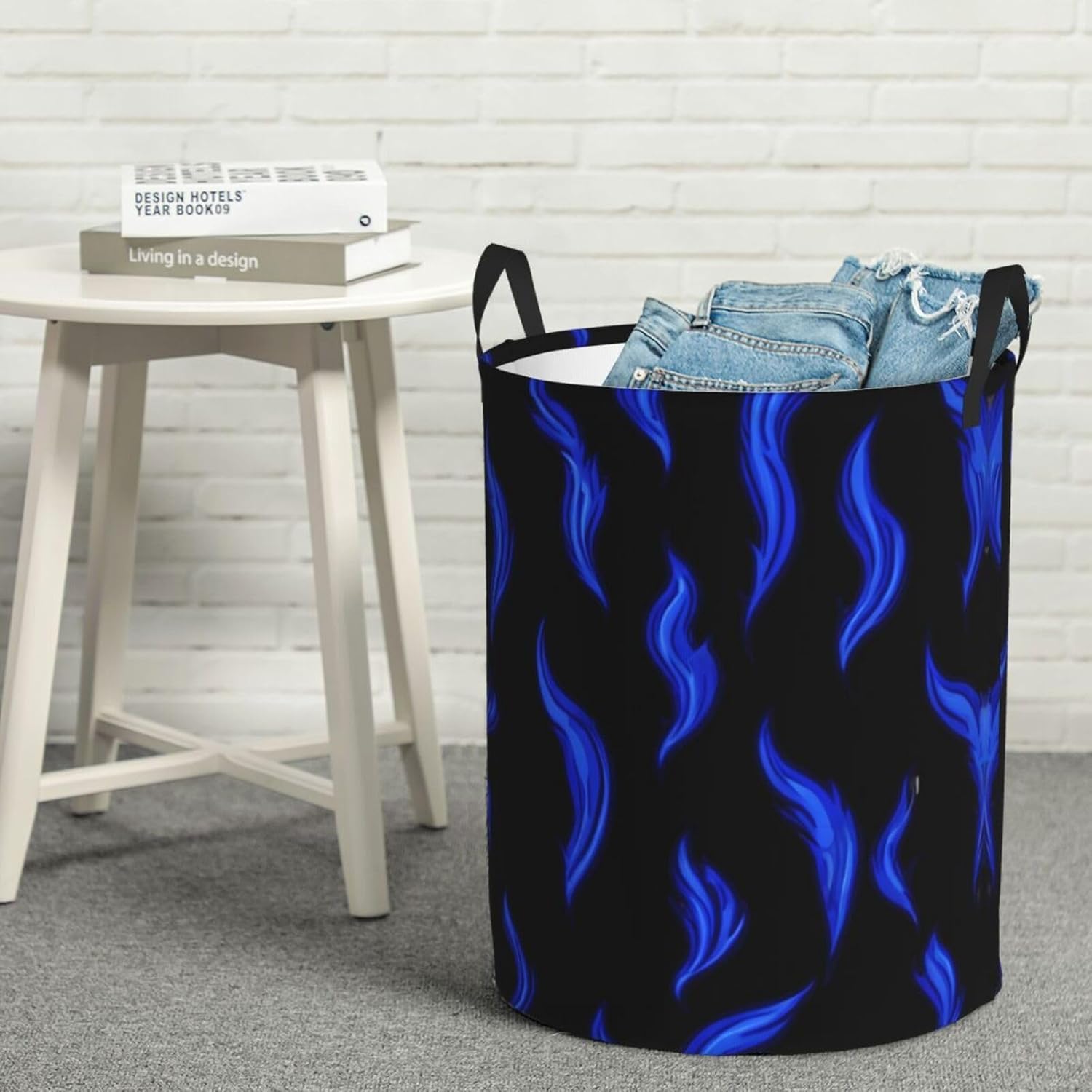 Blue flame pattern Round Single-layer Laundry Basket, Portable Storage Laundry Basket, Bedroom Clothes Storage Basket with Handle